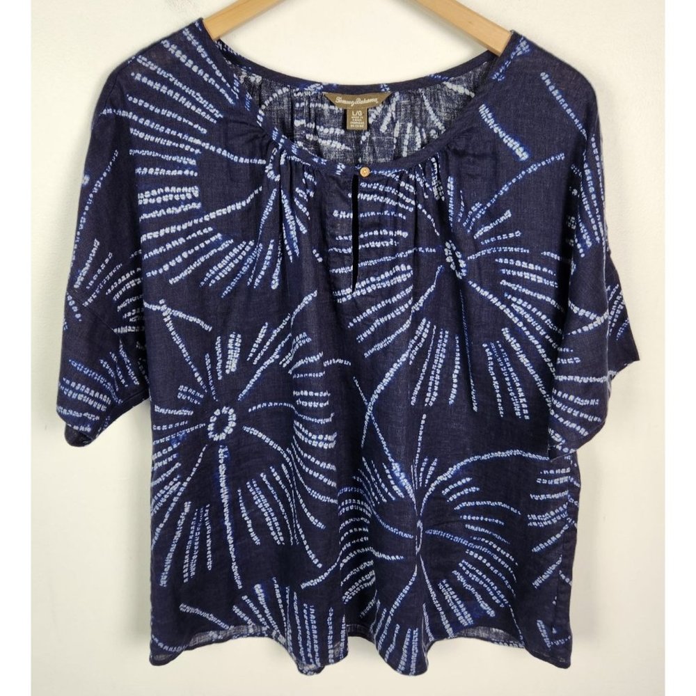 Tommy Bahama Women's Sz. L Navy & White Tie Dye Linen Top